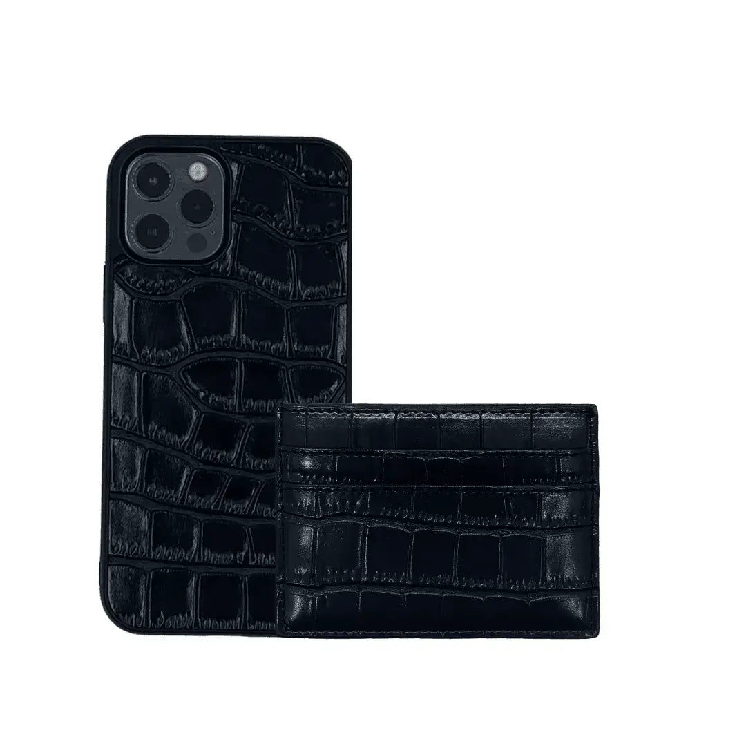 Black Croc Leather Gift Set | Phone Case & Card Holder