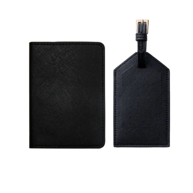 Black leather passport holder and luggage tag set, stylish and durable travel accessories for secure organization.