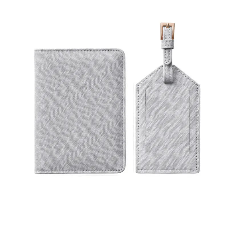 Grey leather passport holder and luggage tag set, customizable with your name, ideal for stylish and organized travel.