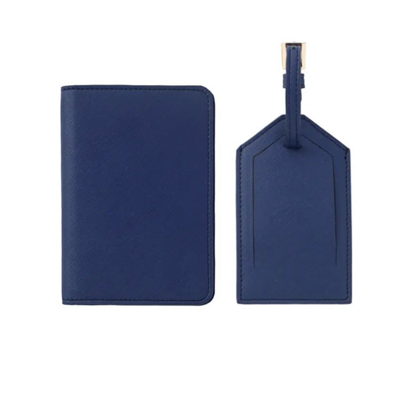 Navy blue leather passport holder and luggage tag set, customizable with your name, ideal for stylish and organized travel