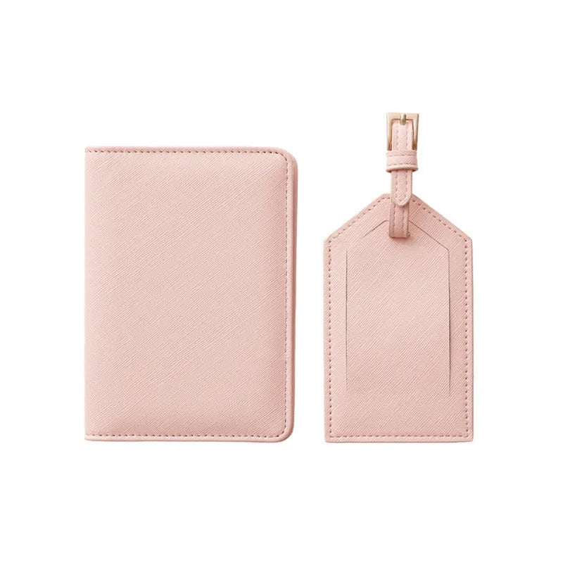 Pink leather passport holder and luggage tag set, customizable with your name, ideal for stylish and organized travel.