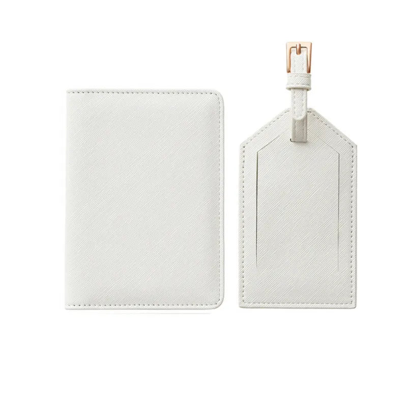 White leather passport holder and luggage tag set, customizable with your name, ideal for stylish and organized travel.