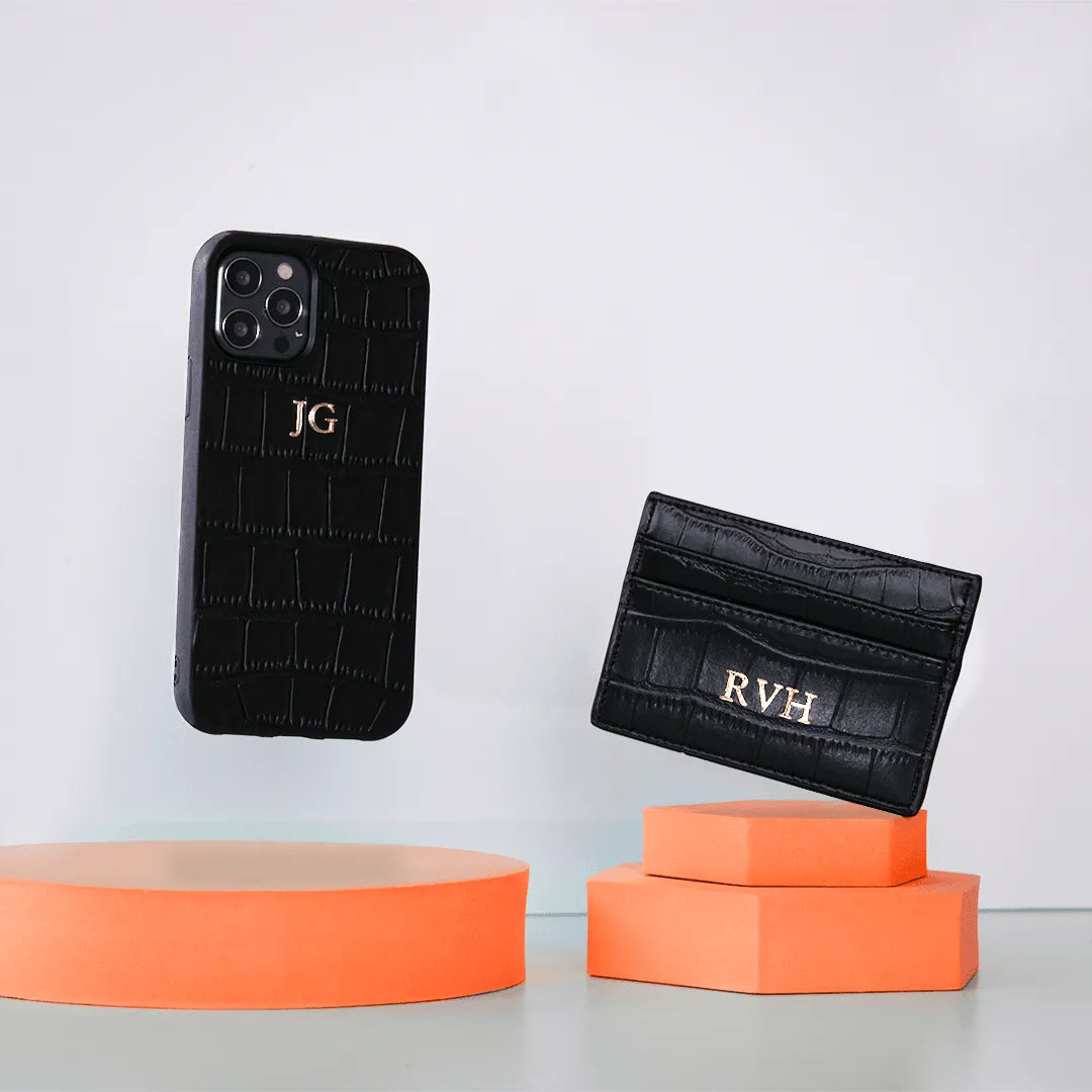 Black Croc Leather Gift Set | Phone Case & Card Holder